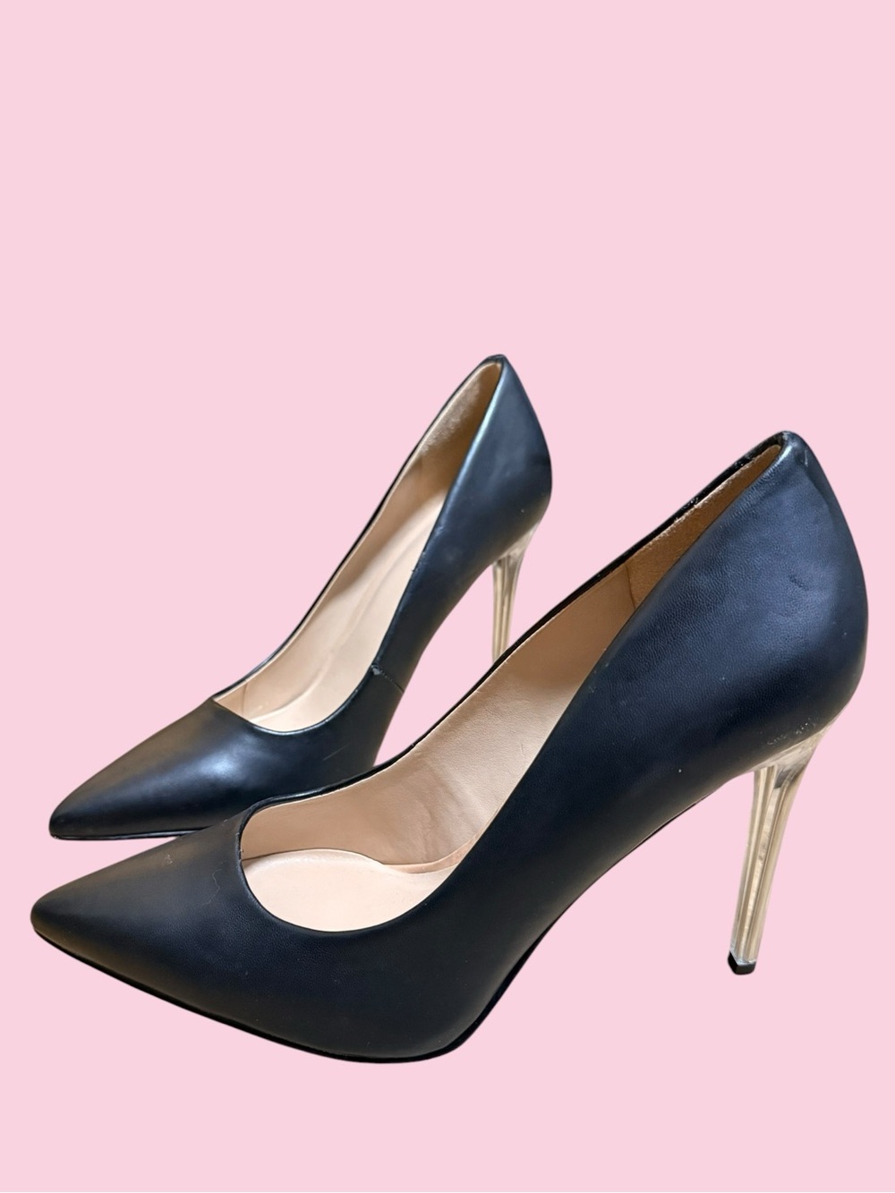 MIXX NO. 6 Black Pointed-Toe Stiletto Pumps with clear lucite heels
